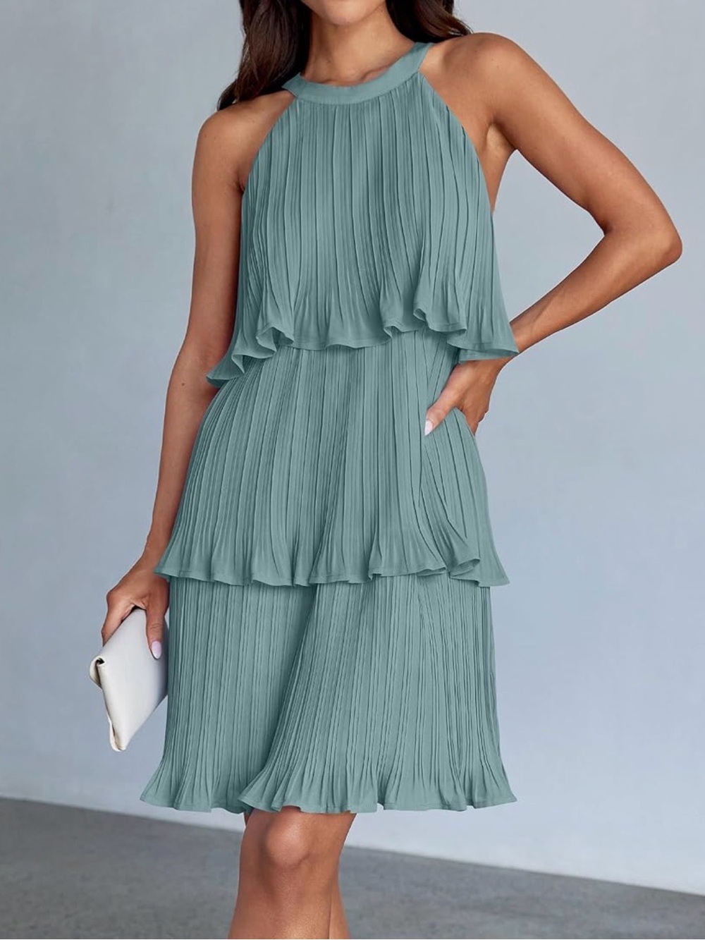 ZESICA Halter Sleeveless Ruffle Tiered Chiffon Pleated A-Line Swing Mini Dress L